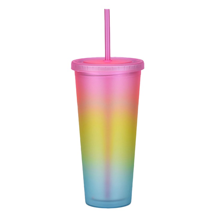 Pohár szívószállal, 700ml, duplafalú műanyag, többszínű, 7x20cm