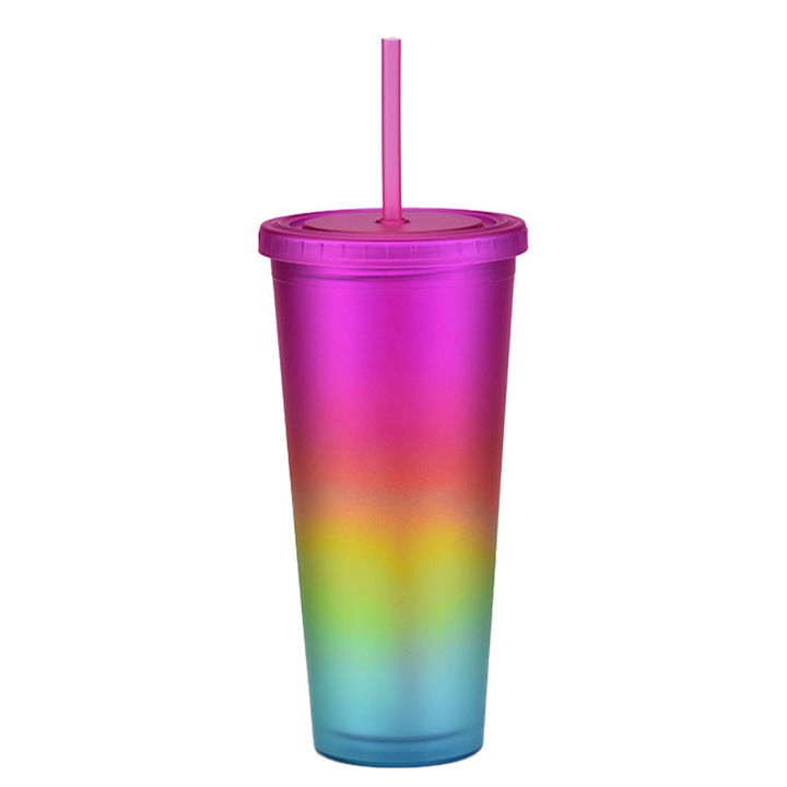 Duplafalú műanyag pohár szívószállal, 700ml, többszínű, 10x20cm