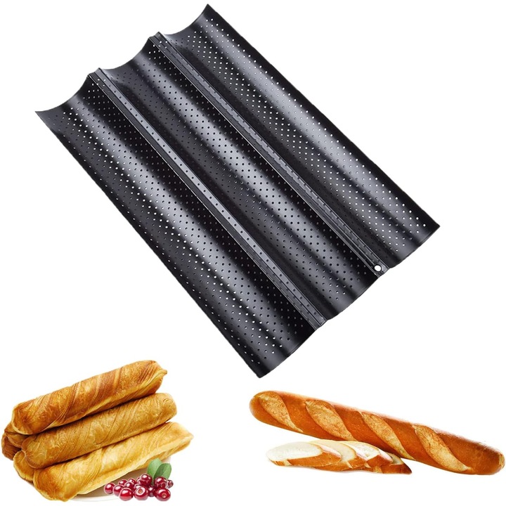 Baguette sütőforma, szénacél, fekete, 3 rekeszes, 40x25cm