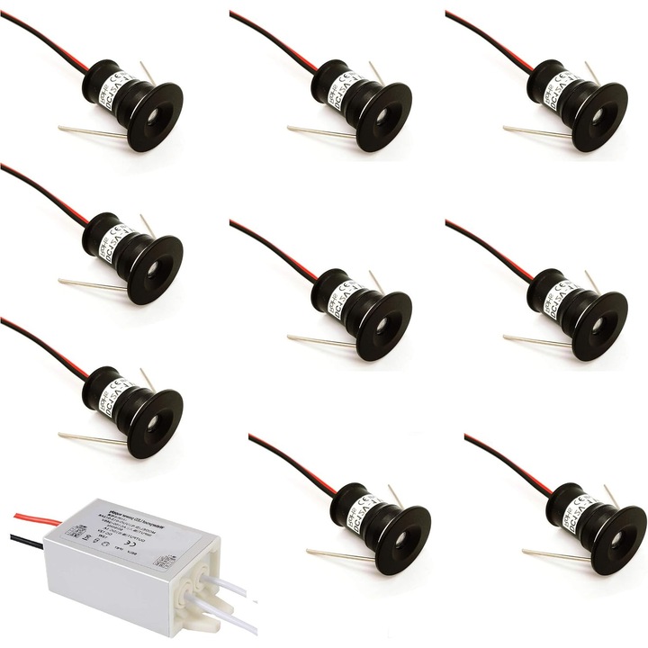 Set 9 spoturi LED mini incastrate, negru, 7-10W, 5x5cm