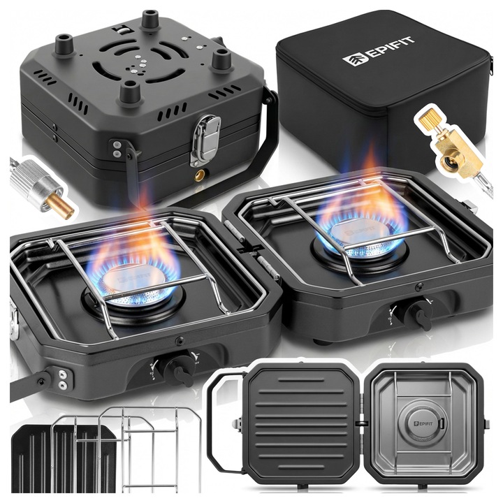 Epifit SPARK500 Dupla kemping gáztűzhely, 2 égős, összecsukható, acél, fekete, 37x27x10cm