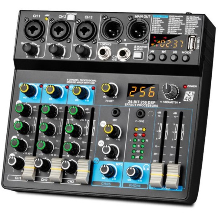 Professzionális 6 csatornás audio keverő, USB Bluetooth, 256 reverb effekt, fekete, kompakt