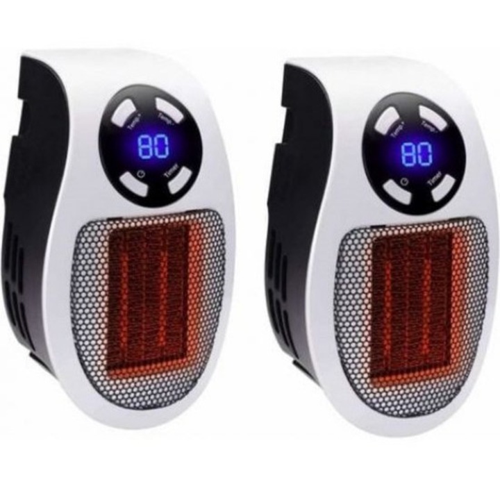 Mini hordozható hősugárzó 500W, LED, időzítő, 18x11cm, fehér, 2 darabos szett