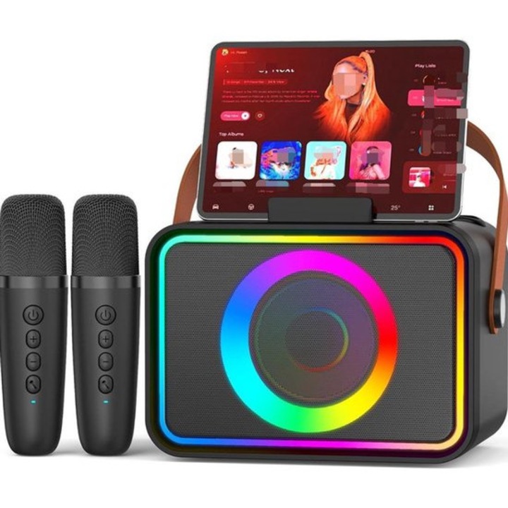 Hordozható karaoke szett 8W Bluetooth hangszóróval, vezeték nélküli mikrofonokkal, többszínű fényeffektusokkal