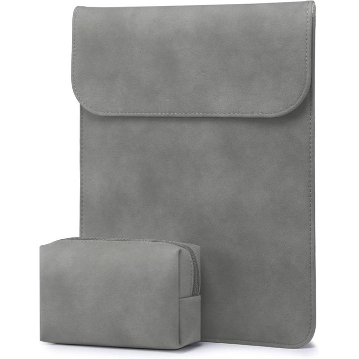 Laptop tok 14 hüvelykes, mikroszálas bőr, szürke, 34.5x25.4cm, vékony, kiegészítő zseb