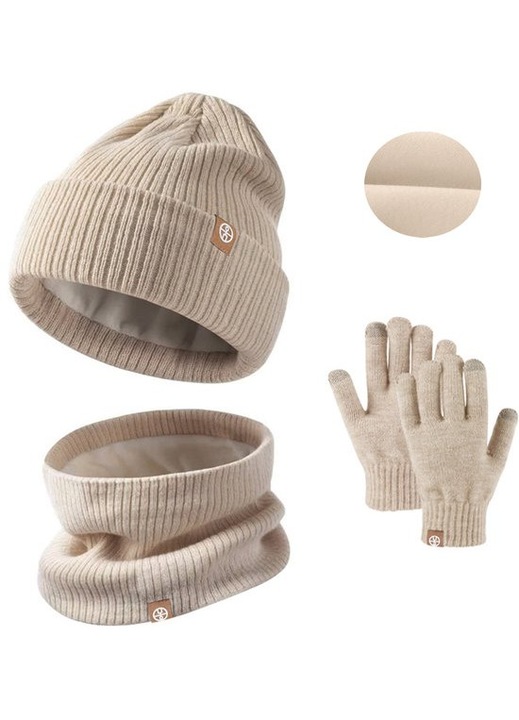 Set iarna copii, fular, caciula si manusi touchscreen, khaki, universal