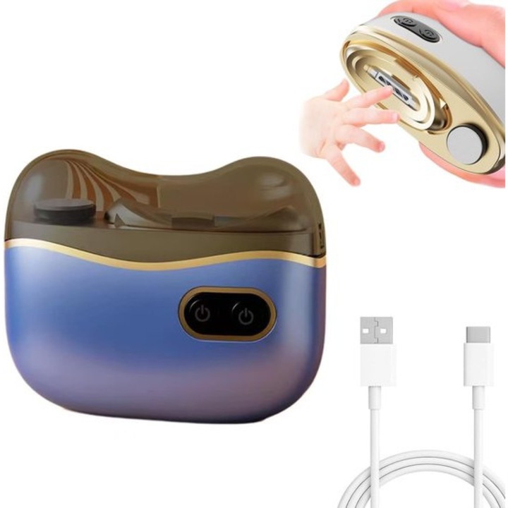 Elektromos körömvágó 3 az 1-ben, kék, USB, kompakt, 2 sebességes, csendes, gyűjtőtálcával, univerzális