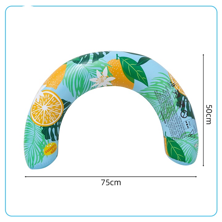 Colac gonflabil in forma de U K0441-0627-QH6890, pentru adulti, cu model fructe, cu suport pentru brate si port-pahar, multicolor, 75 x 50 cm