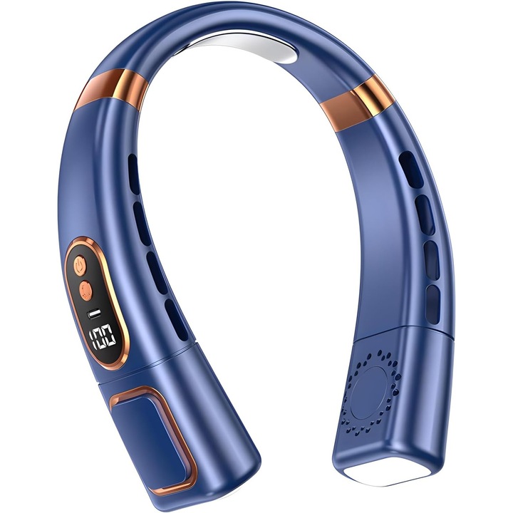 Hordozható nyakventilátor, intelligens digitális kijelző, 5 sebességes állítható ventilátor, USB Type-C töltés, csendes működés, kék