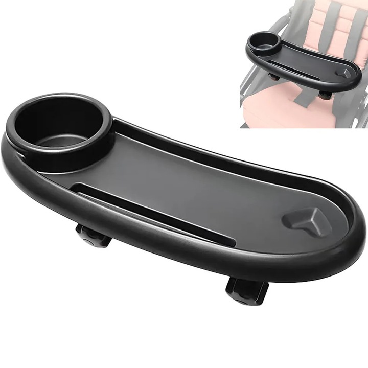 Tava pentru carucior K0441-0603-QH6678, din ABS fara BPA cu suport pentru pahare si carlige reglabile, negru