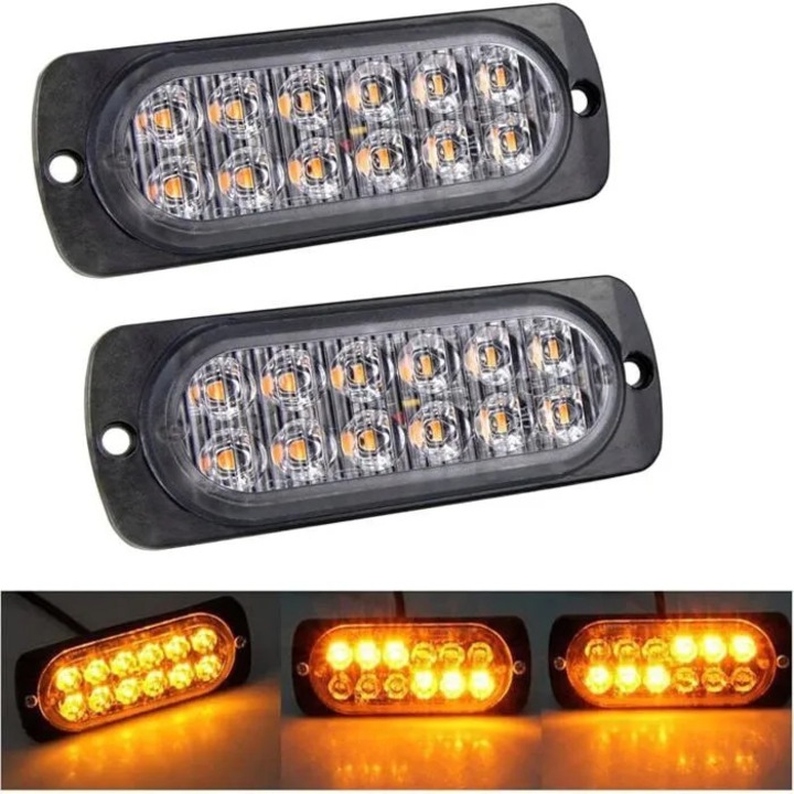 Set 2 lumini LED intermitente/avertizare 12–24V K0441-0610-QH6865, amber (3000K), tensiune 9–30V, IP67, carcasa aluminiu turnat, 3 fire, plug-and-play