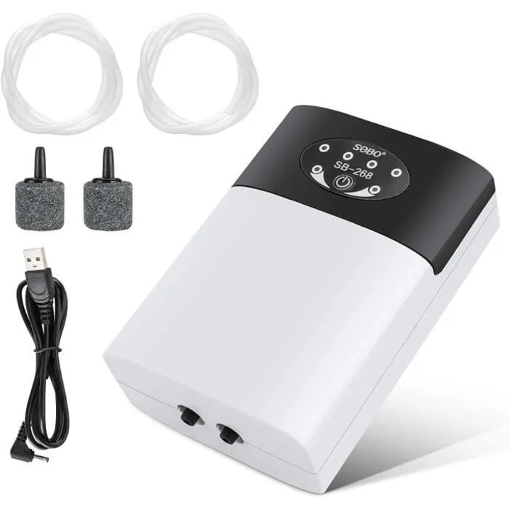 Pompa de aer pentru acvariu K0441-0610-QH6839, USB reincarcabila, portabila, silentioasa, debit 3000 ml/min, alb/negru, cu tub si piatra aeratoare