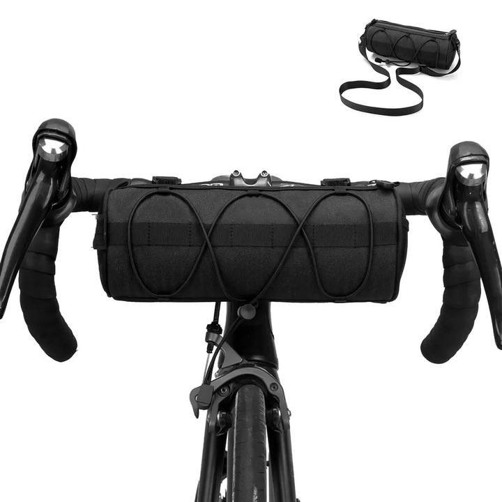 Geanta de ghidon pentru bicicleta, poliester, capacitate 2 L, montare in 3 puncte, buzunar lateral si bretea de umar, K0441-0604-QH6709, negru, mic
