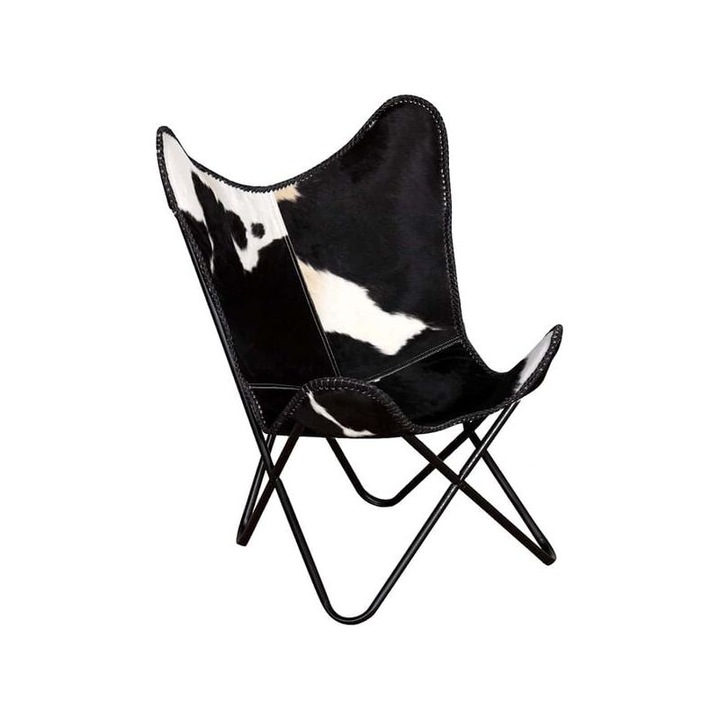 Valódi bőr szék, pillangó design, fekete-fehér, 74x66x90cm