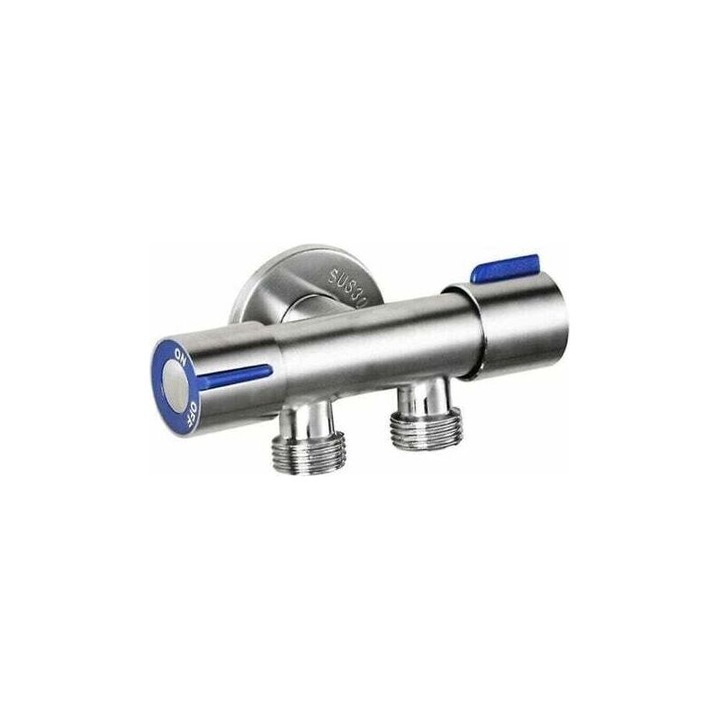 Robinet dublu maner inoxidabil pentru masina de spalat, 20mm, argintiu