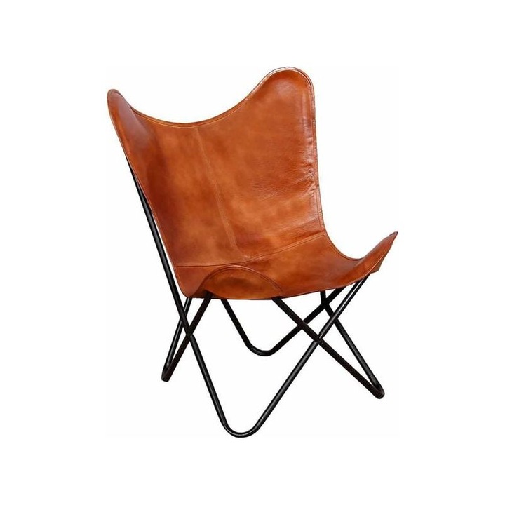 Barna valódi bőr szék, pillangó design, 74x66x90cm, fekete lakkozott vas váz