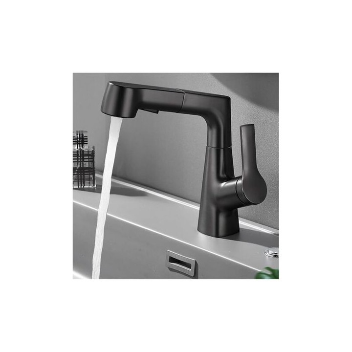 Baterie bucatarie neagra cu pulverizator, furtun flexibil, rotire 360, reglabila 29x40cm
