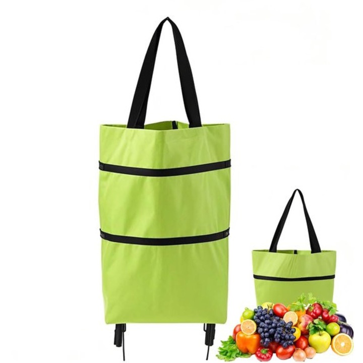 Összecsukható bevásárlókocsi, zöld, 41x13x45cm, 2 kerék, 25kg kapacitás