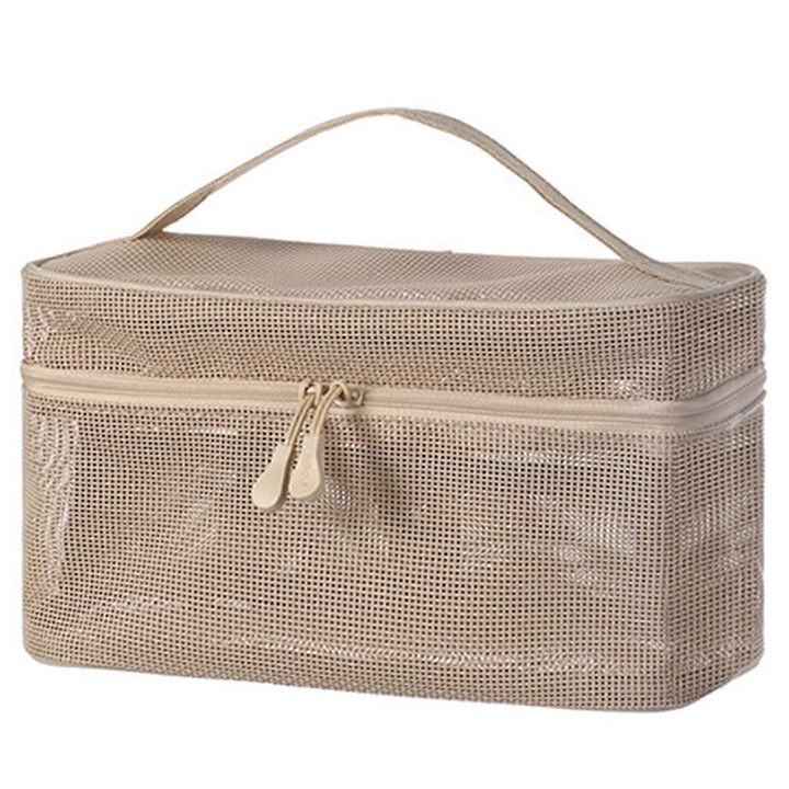 Geanta cosmetica compartimentata, design coreean, kaki, 24x14x12cm