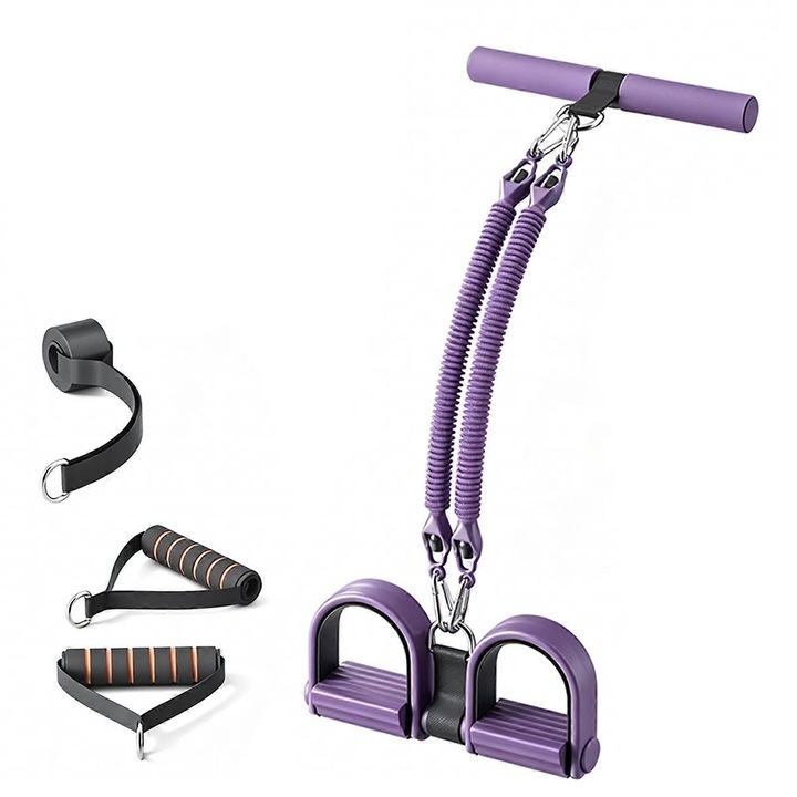 Set benzi elastice cu pedale, 50 lbs, mov, 4 tuburi, compact