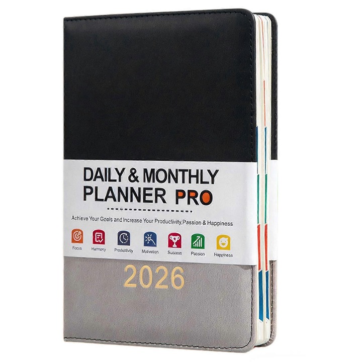 Napi agenda 2026, tervező, fekete-szürke, 14.2x21.2cm