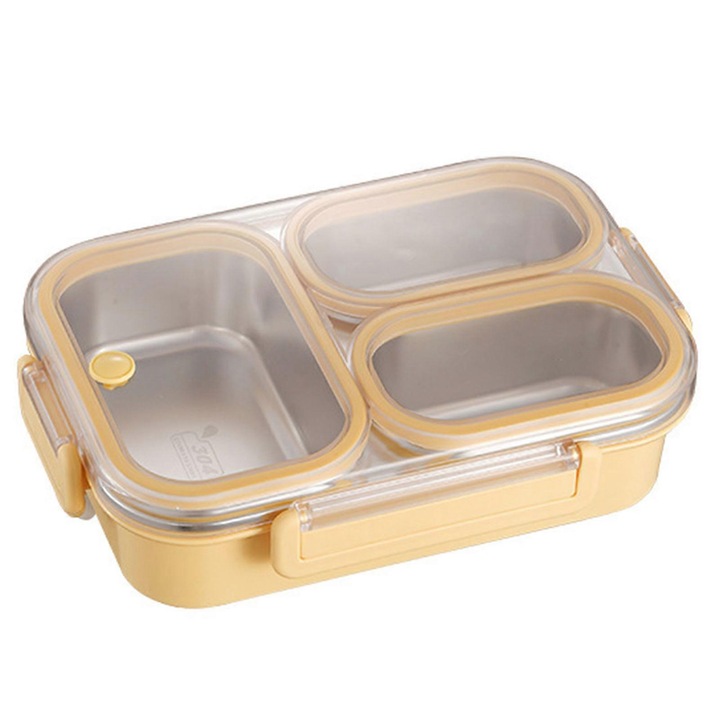Bento uzsonnás doboz, 3 rekeszes, rozsdamentes acél, sárga, 1000ml