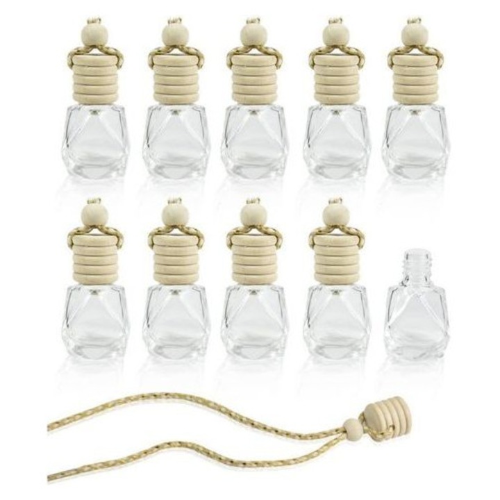 Autóillatosító szett, 10 üvegcsé, üveg és fa, 8ml, hordozható