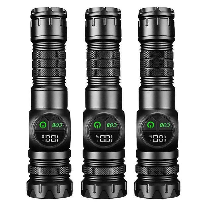 Lanterna reincarcabila zoomabila LED, 3 buc, aluminiu, negru, 1200mAh, 1000-2000lm