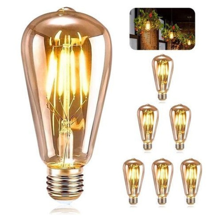 6 db E27 Vintage Edison LED izzó készlet, 4W, meleg sárga, ST64