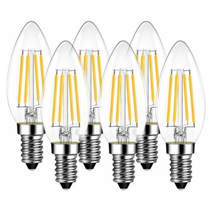 6 db E14 LED filament izzó készlet 4W 470 lumen hideg fehér 6500K 360° 15x3cm