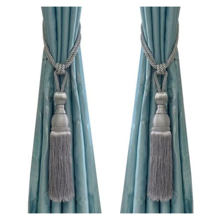 Set 2 Embratisari pentru perdele cu pompoane, cordon impletit, gri, 70x40x20cm