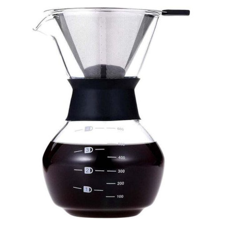 Carafa manuala pentru cafea 600ml sticla borosilicata filtru inox dublu strat