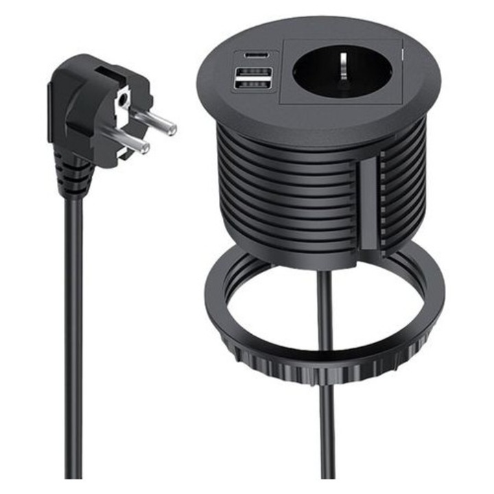 Priza incastrabila USB, 1 priza, 2 USB, 1 USB-C, negru, 80x80mm, cablu 1.7m