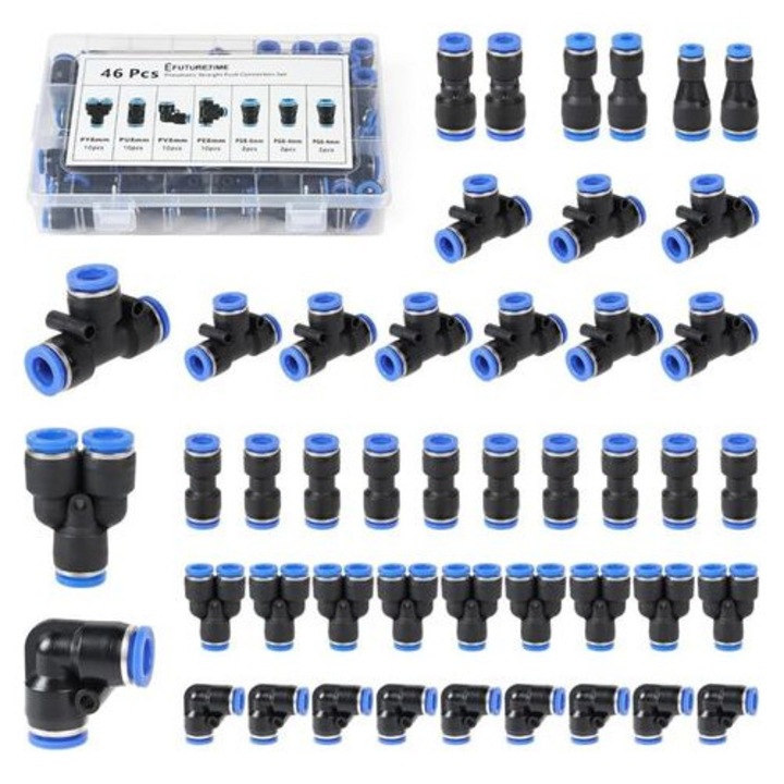 Set 46 piese racord rapid compresor, drept, cot, Y, T, reductoare, alama, 8mm