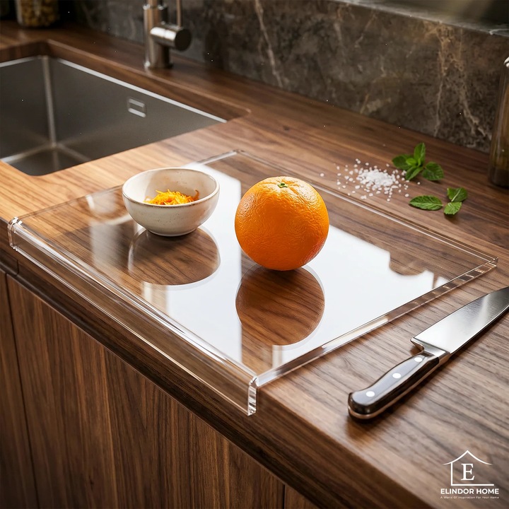 Tocator Bucatarie Elindor®, Acrilic Transparent cu Margine pentru Blat, fara Maner, Ideal pentru Taierea si Servirea Legumelor, Fructelor, Branzeturilor sau Carnii, 45 × 35 × 2.5 cm