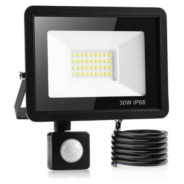LED kültéri reflektor 30W, mozgásérzékelő, hideg fehér, IP66, 15x12cm
