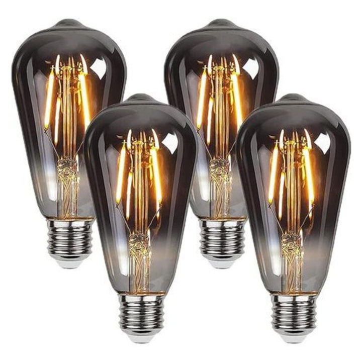 4 db vintage Edison E27 ST64 4W LED izzó készlet, meleg fehér, füstös