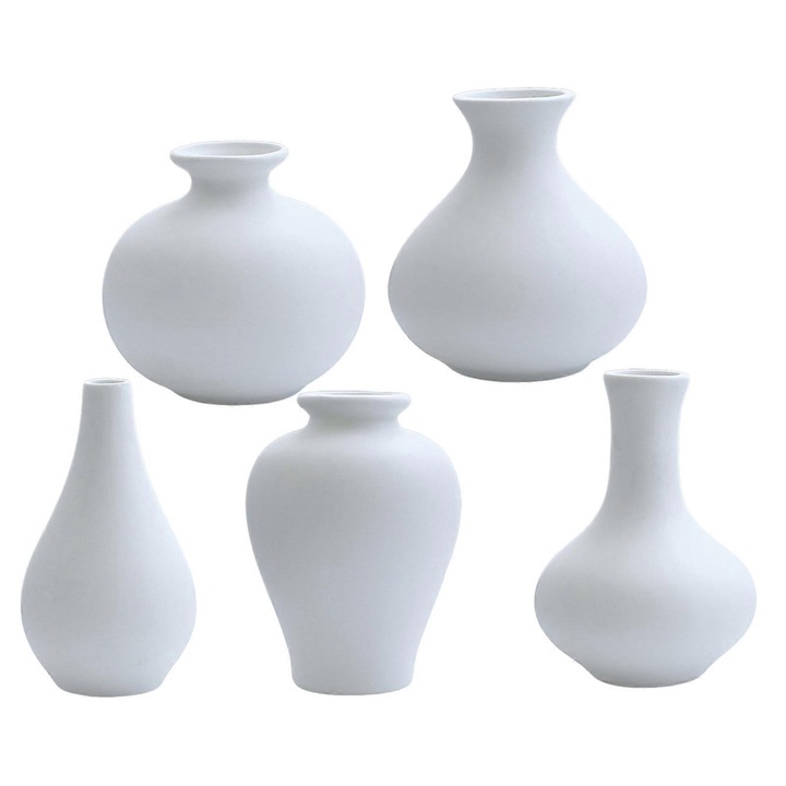 5 darab kerámia váza szett, modern design, fehér, különböző méretek