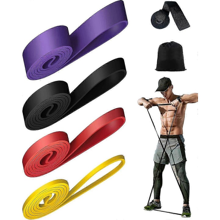 Set benzi elastice fitness, 4 niveluri rezistenta, multicolor, cu ancora usa si geanta, dimensiuni variate