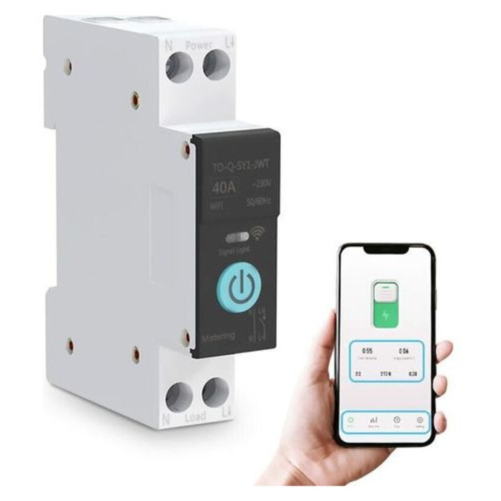 DIN sínre szerelhető megszakító, 40A, fekete, 82x68x18mm, intelligens Wi-Fi vezérlés