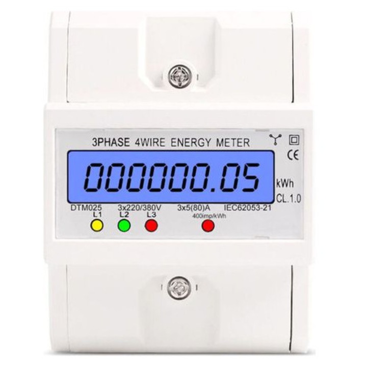 Contor energie trifazic digital 4 module alb 100x76x65mm montaj pe sina DIN