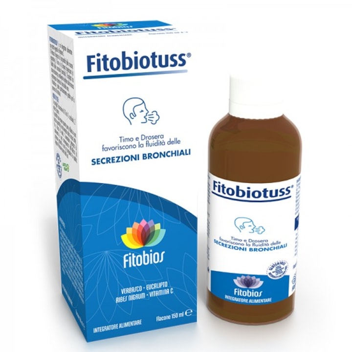 Хранителна добавка Fitobios, Fitobiotuss - Сироп с Мащерка 800 mg + Лопен 600 mg + Витамин C 80 mg – Облекчение при кашлица и възпалено гърло, 150 ml