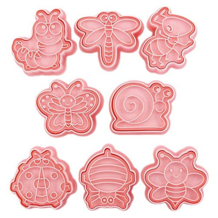 Set 8 forme prajituri insecte, roz, flexibile, 5,2x5,4cm