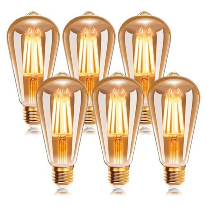 LED Edison izzó 6W vintage retro, átlátszó üveg, 2200K, E27, 25.000h, 6 db-os szett