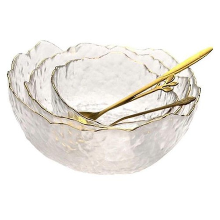 Átlátszó üveg tálkészlet, 3 db, arany szegéllyel, 20x9cm, 16.5x8cm, 13x6.5cm