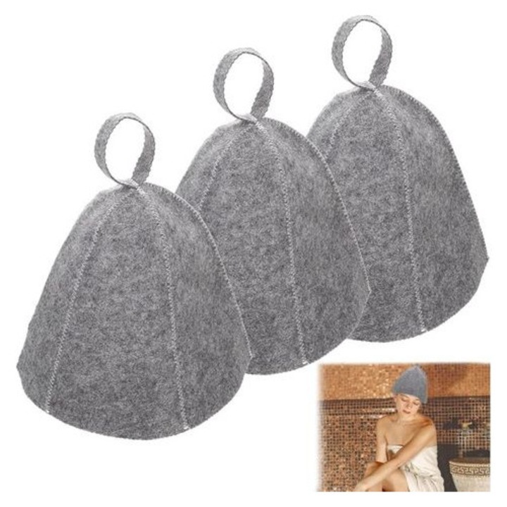 Set 3 bonete sauna din fetru gri natural universal