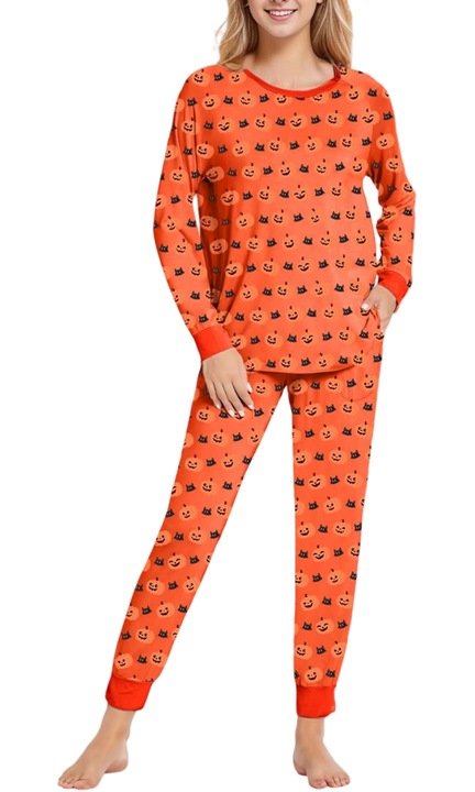 Női pizsama, Ifei, Halloween tökös, 2 részes szett, L, puha anyag, narancssárga, hosszú ujjú és zsebes, részére