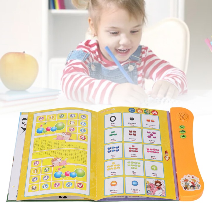 Kétnyelvű könyv gyerekeknek, ABC, számok, állatok, gyümölcsök, többszínű
