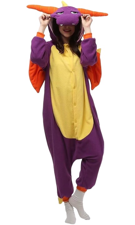 Kigurumi pizsama egyrészes, ZKomoL Smok Pyro S modell, lila, laza szabású, rugalmas mandzsetta és lábak, tematikus kapucni, puha anyag és
