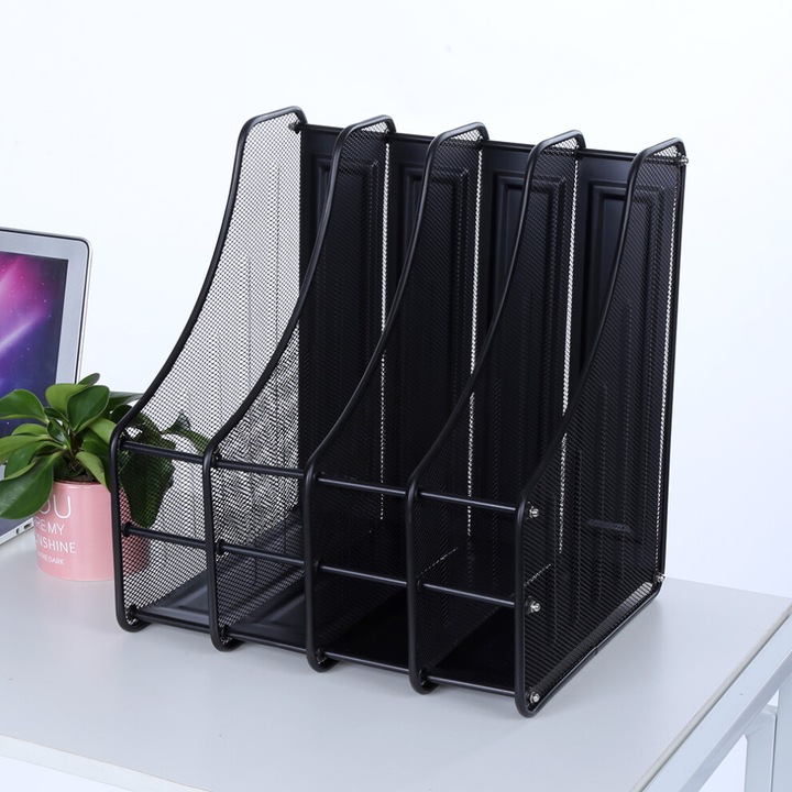 Suport documente metalic 4 compartimente negru 28x34.5x35cm